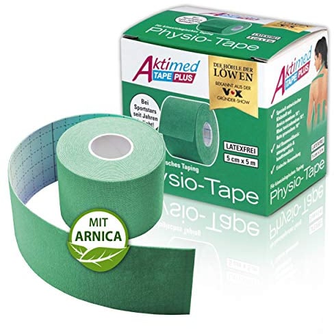 AKTIMED Tape PLUS Kinesiologie Tape – Sporttape mit pflanzlichem Extrakt Arnica D6* – patentiertes Physiotape Dermatest „sehr gut“ – Kinesiologie Tapes elastisch & wasserfest (grün)