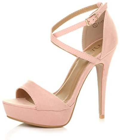 Womens Ladies Platform high Heel Peeptoe Cross Over Strappy Shoes, Pink Suede, 6 UK