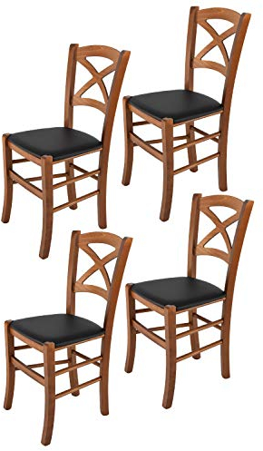 Tommychairs - 4er Set Stühle CROSS für Küche und Esszimmer, Struktur aus lackiertem Buchenholz im Farbton Helles Nussbraun und gepolsterte Sitzfläche mit KUNSTLEDER in der Farbe Schwarz bezogen