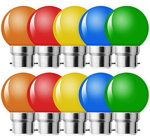 MZYOYO Lampadine LED colorate a baionetta B22, 1 W, G45, lampadine LED colorate, lampadina notturna arancione, rosso, verde, blu, giallo, confezione da 10, classe energetica G