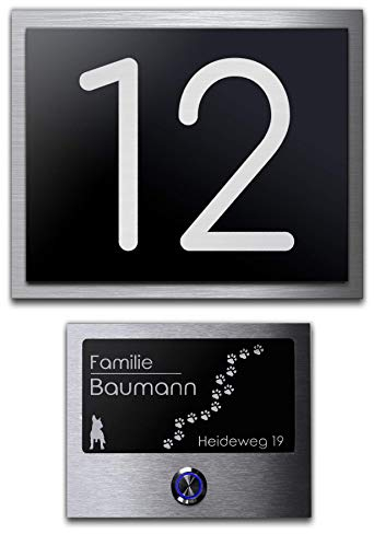 Edles Klingelschild & Hausnummer Set mit Gravur Edelstahl und Acryl Klingelplatte Türklingel mit LED