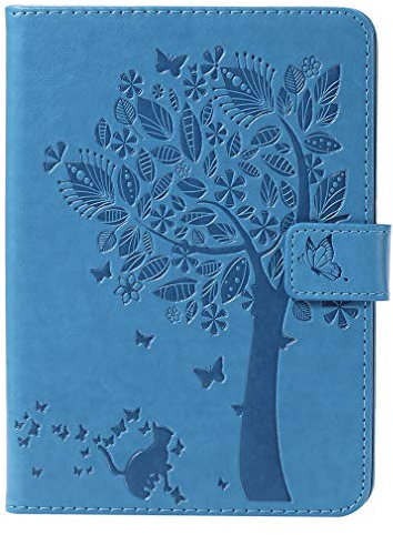 LMFULM® Case for All Kindle Paperwhite (2018/2016/ 2015/2013/ 2012 Models with 6 Inch Display) PU Leather Ultra-Thin Magnetic Leather Cover Embossing Cat and Tree Stand Case Flip Cover Blue