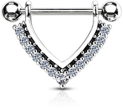 Tata Gisèle Piercing Sein Téton en Acier Chirurgical 316L et Oxydes de Zirconium - Triangle en Acier Entouré de Zircons Sertis - Différentes Couleurs - (Argenté/Clair)