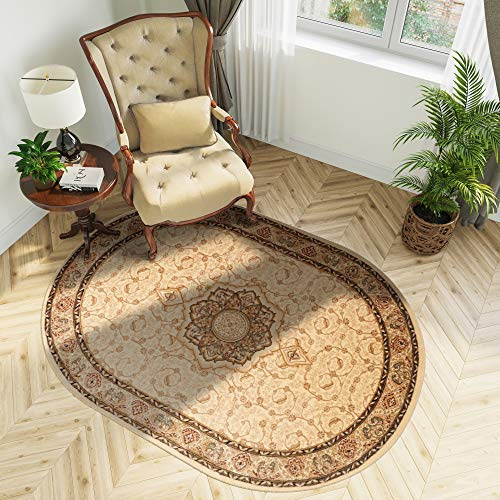TAPISO Yesemek Teppich Oval Wohnzimmer Kurzflor Klassisch Gemustert Oriental Floral Ornament Creme Bordüre Design Schlafzimmer ÖKOTEX 70 x 140 cm