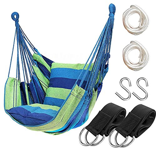 Chaise hamac en corde à suspendre pour intérieur et extérieur, balancelle hamac robuste en coton tissé, chaise hamac suspendue max 136 kg (poteau et oreillers non inclus, vert)