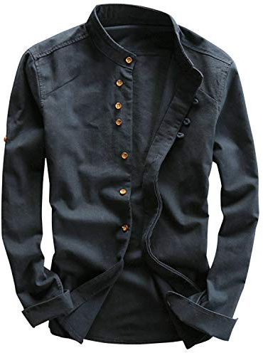Frestepvie Herren Leinenhemd Langarm Freizeithemd Regular Fit Button-down Fisherman Hemd mit Stehkragen Tang-Anzug im chinesischen Stil Herren Leinen Shirt Kungfu Tai Chi Uniform