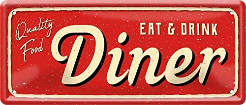 WOGEKA ART Retro Blechschild - Diner - Eat & Drink - witziger Spruch als Geschenk-Idee zum Geburtstag Weihnachten zur Dekoration 28x12 cm Vintage-Design aus Metall 1064