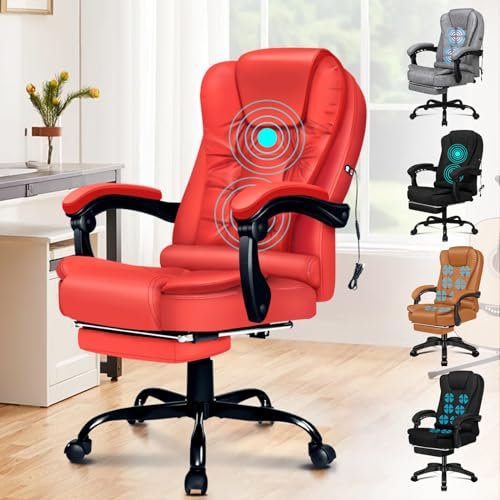 ELFORDSON Executive Massage Office Chair for Home Office, PC Chair with Footrest, PU leather Office Chairs with Recliner, Ergonomic Office Chairs, Red