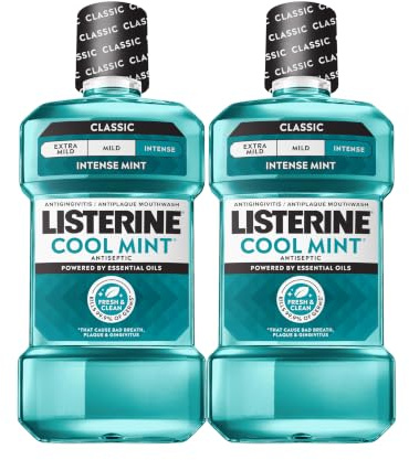 Listerine Cool Mint Intense Antiseptic Mouthwash, Daily Oral Rinse Kills 99.9% of Germs that Cause Bad Breath, Plaque & Gingivitis for a Fresh, Clean Mouth, Intense Mint, Convenience Pack, 2 x 1 L