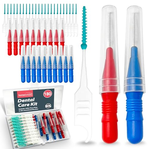 SOL 160 grüne Interdentalbürsten und 20 rote und blaue Zahnseide-Plektren, kleine Zahnbürste für Zwischenzähne, Zahnseide-Sticks und Zahnstocher, entworfen für sanfte menschliche Mundhygiene