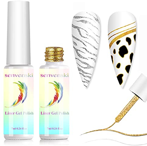 Senvenski Liner Gel Nail Polish Kit - UV/LED Soak Off Nail Art Set with Gold Silver Colours | Paint Design Manicure Gift Kit for Women Salon Home Use (LX2-001)