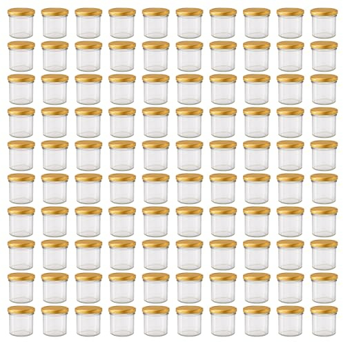 Vitrea 100x Marmeladengläser 125 ml - mit Deckel Gold TO 66 - Einmachgläser zum befüllen mit Schraubdeckel - Sturzgläser für Marmelade Schraubgläser - leere Gläser - 100 Stück