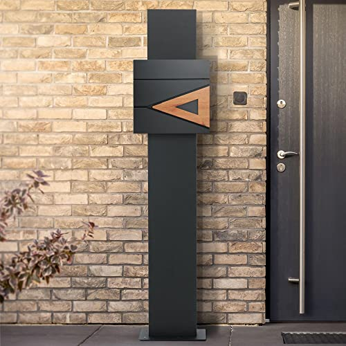 ECD Germany Standbriefkasten mit Zeitungsfach, Briefkasten Standfuß freistehend, Briefkastenständer Anthrazit 170cm aus Edelstahl pulverbeschichtet, Postkasten Anthrazit/Holzoptik 37x36,5 cm aus Stahl