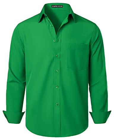 PARKLEES Men's Regular Fit Dress Shirt Solid Wrinkle-Free Long Sleeve Casual Business Button Up Shirts with Pocket PZSSCL05-Shamrock Green XXL