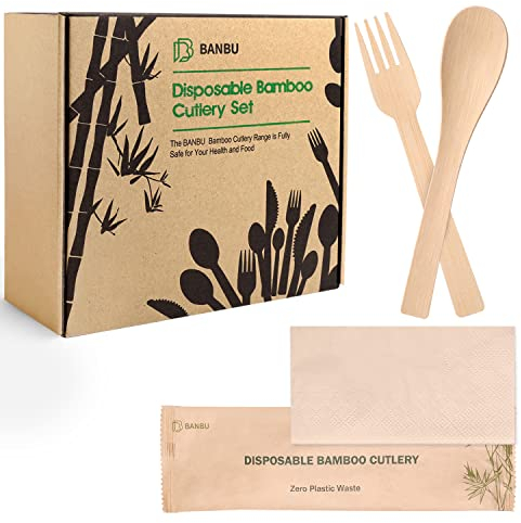 Bambus-Utensilien-Set, Einweg, einzeln verpackt (17 cm, 66 Gabeln, 66 Löffel, 66 Servietten), Bambusbesteck, Reise-Set, kompostierbar, biologisch abbaubar, Gabeln, Suppenlöffel mit Servietten, Einweg,