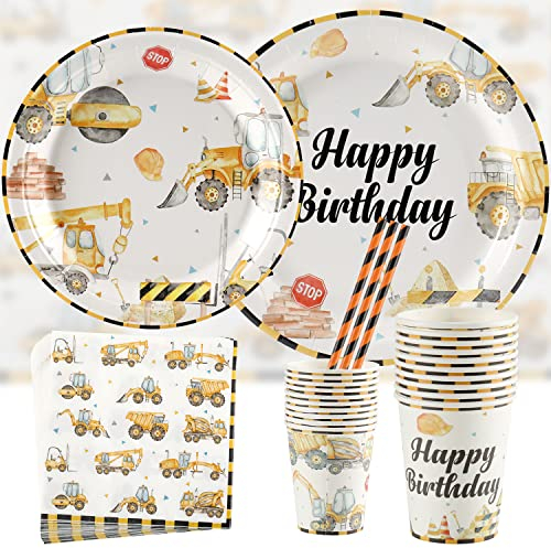 Lot de 100 pièces de vaisselle de fête d'anniversaire pour enfants, pelleteuse, chantier de construction, assiettes en carton, gobelets en carton, pailles, pour décoration d'anniversaire de garçon