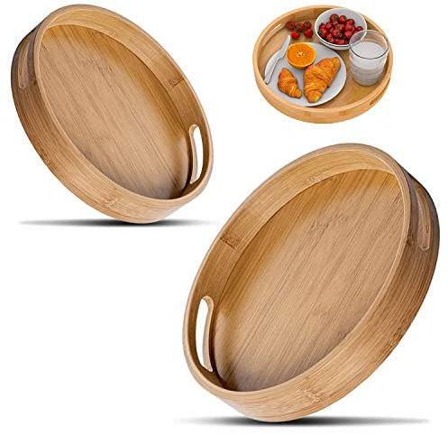 RHBLME Paquete de 2 bandejas redondas de madera, bandeja redonda de 12 y 14 pulgadas con asas, bandeja circular grande decorativa de madera, bandeja otomana redonda de bambú para alimentos, cócteles y