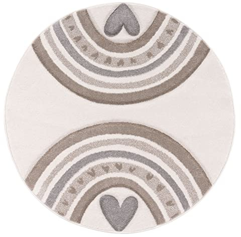 TT Home Kinderzimmerteppich Junge Mädchen Kinderteppich 3D Optik Herz Regenbogen, Farbe: Beige Creme, Größe:200 cm Rund