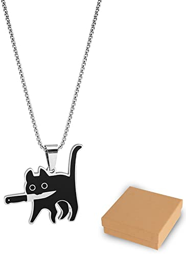 PRETTYLE Black Knifecat Necklace, Cat Necklace S925 Silver Pendant, Kitten with Knife, Cute Lucky Jewellery for Cat Lovers, Women and Men (Pack of 1)