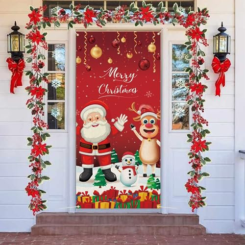 Pancarta de Navidad para Puerta - Decoración Con Papá Noel y Reno, Colgante para Fiesta de Invierno, Año Nuevo, Interior y Exterior - Suministros de Fiesta