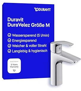 Duravit DuraVelez wassersparende Waschtischarmaturen, Größe M (Auslauf Höhe 106 mm), energiesparende Waschbecken Armatur (FreshStart), Wasserhahn Bad ohne Zugstangen Ablaufgarnitur, Chrom