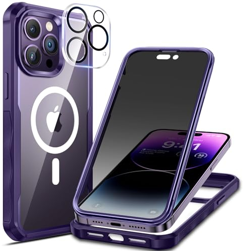 seacosmo Sichtschutz für iPhone 14 Pro Max Hülle [Kompatibel mit MagSafe], Anti-Spy Handyhülle 360 Grad Schutzhülle, Stoßfestes Case mit Privacy Panzerglas und Kamera Schutzfolie [9H HD]-Lila