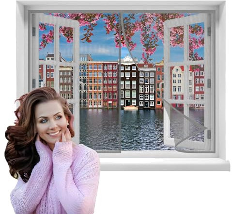 Mosquitera Magnética Automático, 75x50cmpara Ventanass Cortina, Mosquitera para Ventanas Cortina Magnética con Cinta de Velcro Adhesiva Fácil de Instalar（Gris）