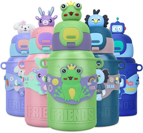Kids Water Bottle with Straw Lid, 450ML Stainless Steel Insulated Water Bottle for 3-12 Year Boys Girls Old Toddler Hiking, School & Sports Double Walled Leak Proof Water Tumbler (Frog)