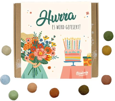 Blossombs Samenbomben Geschenkbox Medium - Hurra, es wird gefeiert! - Blumen Geschenk mit 9 Saatbomben - Saatgut Blumensamen Geschenk für Bienen und Schmetterling Blumenbombe Seed Bombs
