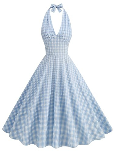 IDOPIP Robe à carreaux vintage des années 1950 pour femme, robe de cocktail, robe de bal de fin d'année, robe midi pour invitée de mariage, robe vichy, bleu, Taille M