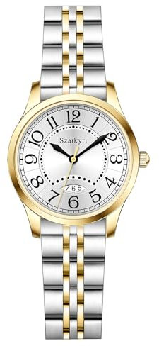 Szaikyri Klassik Uhr für Frauen mit Einfacher Zeit Lese Arabische Ziffern Damenuhren mit Kalender Wasserdicht (Silver-Gold Black)
