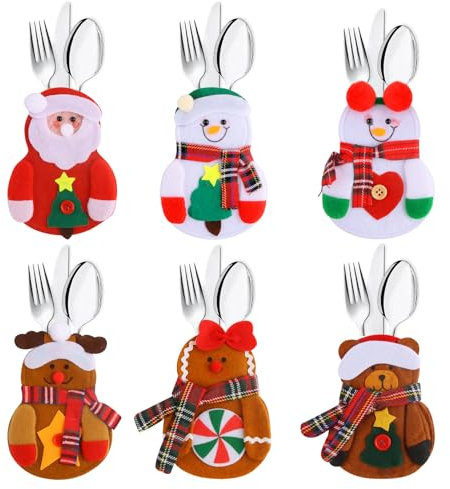 Jemmytu Porte Couvert Noel, 6 Pcs Sacs à Couverts Feutre, Deco Table Noel, Père Noël, Bonhomme de Neige, Motif Renne, Porte-Couverts de Noël, Adapté Aux Couteaux, Fourchettes, Cuillères