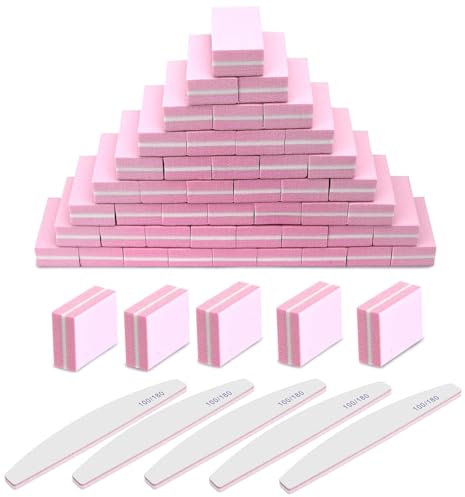 55 Pcs Nail Buffer Blocks, 100/180 Buffer Nail File, Nail File and Buffer Set, Mini Grit Sponge Buffing Sanding Block File for Natural Gel Acrylic Nails Manicure Tools Set (Pink, 1, Count)