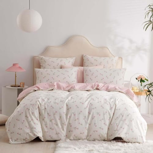 Tospass Baumwolle Bettwäsche Set 135x200cm 4teilig Weiß Rosa Grün Blumen Floral Bettwäsche Blumenmuster Mädchen Bettbezug 2 Bettdeckenbezüge mit Reißverschluss und 2 Kissenbezug 80x80cm