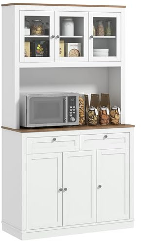 HOMCOM Alacena de Cocina Mueble Auxiliar de Cocina Armario de Cocina con 3 Puertas de Vidrio Compartimento Abierto 2 Cajones y Estantes Ajustables 100x40x180 cm Blanco