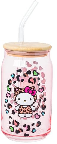 Silver Buffalo Sanrio Hello Kitty Glass Tumbler with Bamboo Lid and Glass Straw, 16 Ounces