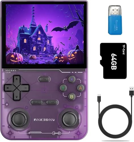 Kinhank - K36 Consola Retro portátil 64 GB con +9.000 Juegos +30 Emuladores PS1, PSP, N64, NDS, SuperN, GameB, GBA - Linux IPS 3.5 Consola de Videojuegos portátil (Púrpura Transparente)