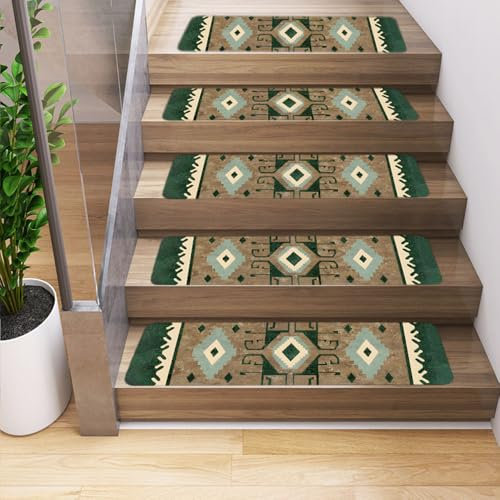 Odot Retro Treppenstufen Matten, Stufenmatten, Treppenteppich, Gummimatte Retro-Muster, Stufenmatten Innen, 100% Polyester -Rücken für Kinder, Älteste und Haustiere (10Stück,Grün)