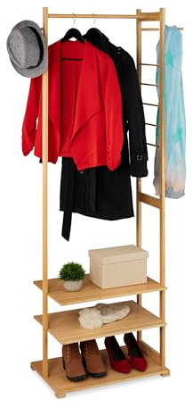 Relaxdays Appendiabiti in bambù con 3 Ripiani e 3 Ganci, HLP: 177,5x81x38 cm, Guardaroba Appendi Abiti, Marrone Naturale