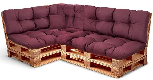 PFM HOME Palettenkissen Outdoor-Kissen für Palettensofa Palettenmöbel Europaletten - 2X Rückenkissen 120 x 40 cm + 2X Sitzkissen 120 x 80 cm + 1x Seitenkissen + 1x Dekokissen 40 x 40 cm - Violett