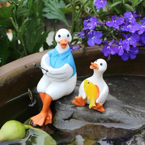 Gartenfiguren für Draußen Wetterfest, Lustig Gartenzwerge für Außen, Angeln Figur Zwerg Deko, Schildkröte und Gartenzwerg Statue, Harz Gartendeko Figuren, Teich Deko, Geschenk (Ente)