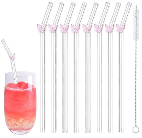 9-Piece Set Glass Straws, Glass with Straw, Equipped with A Cleaning Brush, Reusable for Coffee, Tea, Juice, Smoothies, Cocktails