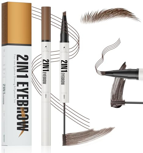 Dark Brown Eyebrow Pencil - Microblading Eyebrow Pen with Brow Gel - Black Brown Eye Brow Pencil - 4 Fork Tip Waterproof eyebrow pencil Micro Magic for Beginners Drawing Natural brows