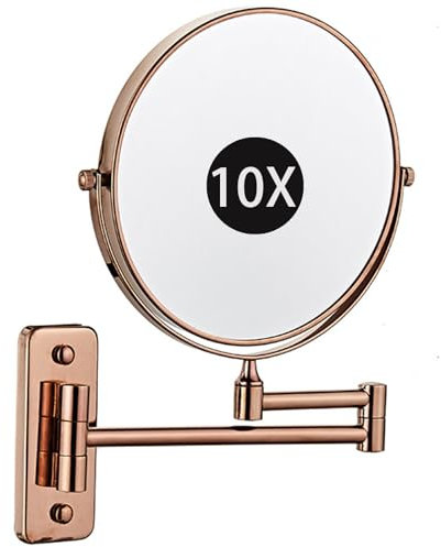 Zayeksole 8 An Der Wand Montierter Schminkspiegel Mit Vergrößerungsspiegel, Beidseitig Um 360° Schwenkbarer, Ausziehbarer Kosmetikspiegel in Roségold Für Das Badezimmer,Rose Gold,10X