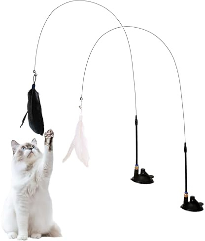 Lonwiner Lot de 2 cannes à pêche pour chat stables avec ventouses, jouets interactifs pour chat avec ventouse, jouets interactifs naturels pour chats