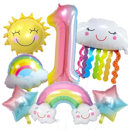 Voarge Regenbogen Geburtstagsdeko 1, Regenbogen Folienballons, Wolke Helium Ballons für Jungen Mädchen Baby Shower Jubiläum Geburtstag