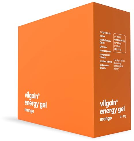 Vilgain Energy Gel Mango - Elektrolytgetränk, Isotonisch, 12 x 40g, Sport, Ausdauer, Hydration - Kohlenhydrate, Vegan, Glutenfrei, Energie Gel, Wettkampf, Fitness, Marathon, Energy Boost