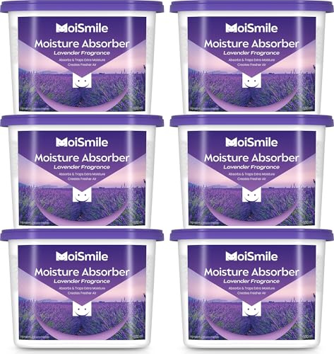 Lavender Fragrance Moisture Absorbers 6 Pack—Refillable 10.5 oz. Humidity Absorber Boxes for Closet, Bathroom, Car & Basement