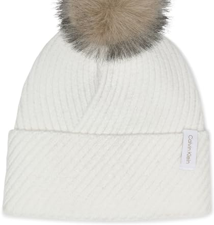 Calvin Klein Damen Beanie-Mütze Diagonal Rib Winter Beanie with Faux Fur Pom