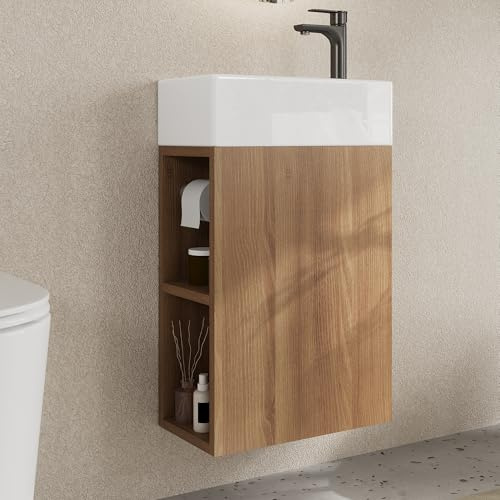 DeerValley 415mm Bathroom Vanity Unit with Basin Wall Mounted | Ceramic Sink with Storage Cabinet, Cloakroom Small Bathroom, Metal Holder Side Open Shelf, Space-Saving Design, Easy Clean